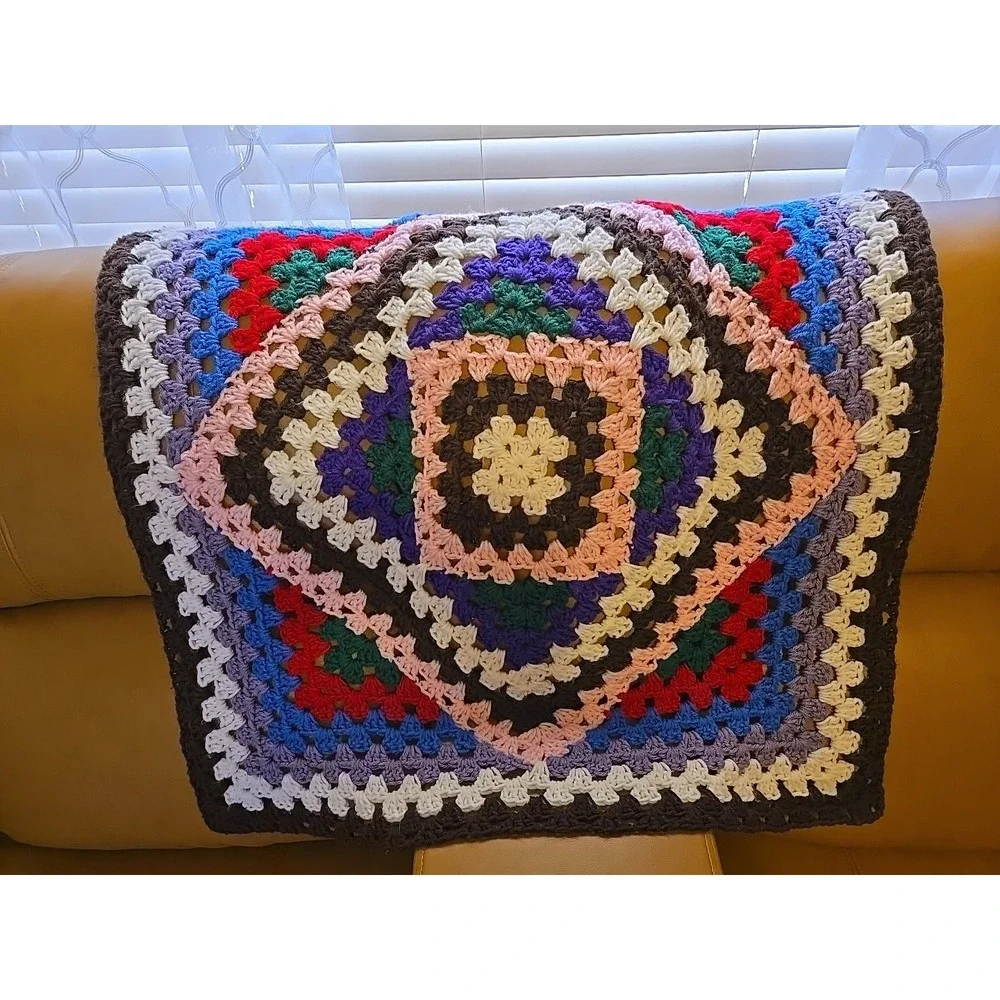 Vtg Handmade Granny Square Crochet Afghan Blanket 30x29 Boho Multi-Color Retro